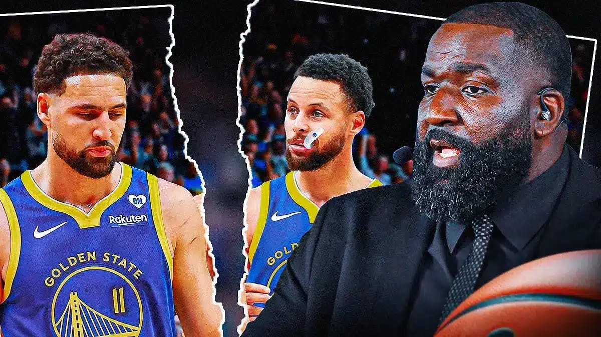 Kendrick Perkins angry, with Warriors' Klay Thompson and Stephen Curry looking serious, with a tear between Thompson and Curry to show that they’re separating
