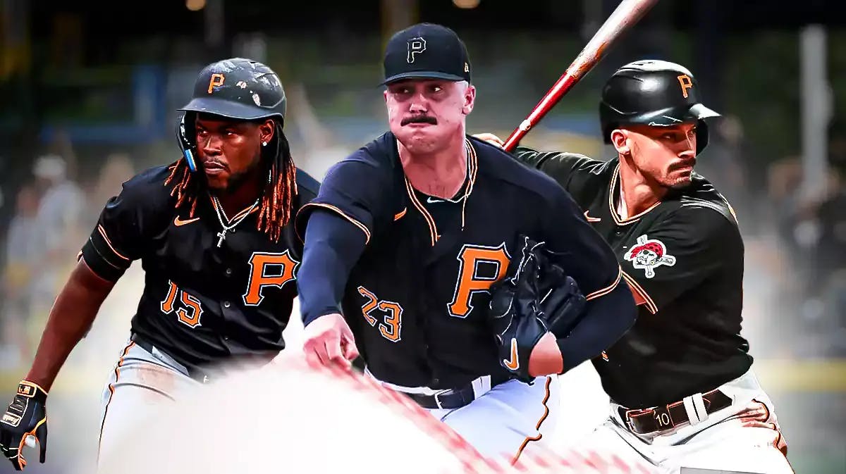 Pirates' Paul Skenes in front looking serious. Place Pirates' Oneil Cruz on left, Pirates' Bryan Reynolds on right. PNC Park background.
