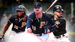 Pirates' Paul Skenes in front looking serious. Place Pirates' Oneil Cruz on left, Pirates' Bryan Reynolds on right. PNC Park background.