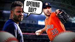 Astros' Justin Verlander pitching a baseball at Minute Maid Park. Have Jose Altuve asking the following question: Opening Day?