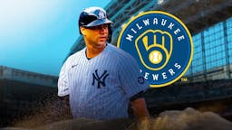 Gary Sanchez (in Yankees uniform) with MIlwaukee Brewers logo in the background
