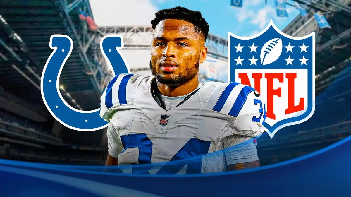 Colts' Isaiah Rodgers stands in front of NFL logo amid his bets suspension