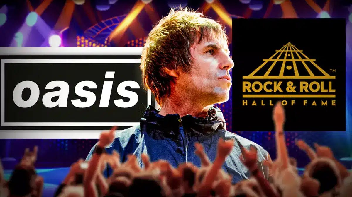 Oasis logo and Rock and Roll Hall of Fame logo with Liam Gallagher.