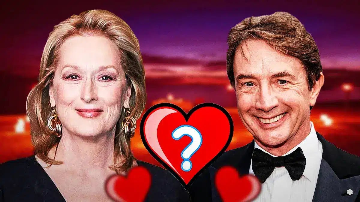 Pics of Meryl Streep and Martin Short with a heart that has a '?' on it in between them