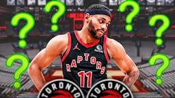 Bruce Brown in a Toronto Raptors jersey with question marks surrounding him