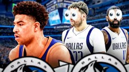 Mavericks' Luka Doncic, Mavericks' Kyrie Irving with eyes popping out looking at Knicks' Quentin Grimes.