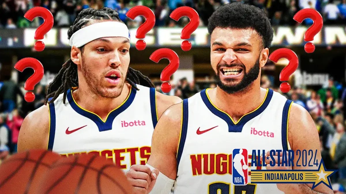 Nuggets Aaron Gordon and Jamal Murray surrounded by question marks next to the 2024 NBA All-Star logo