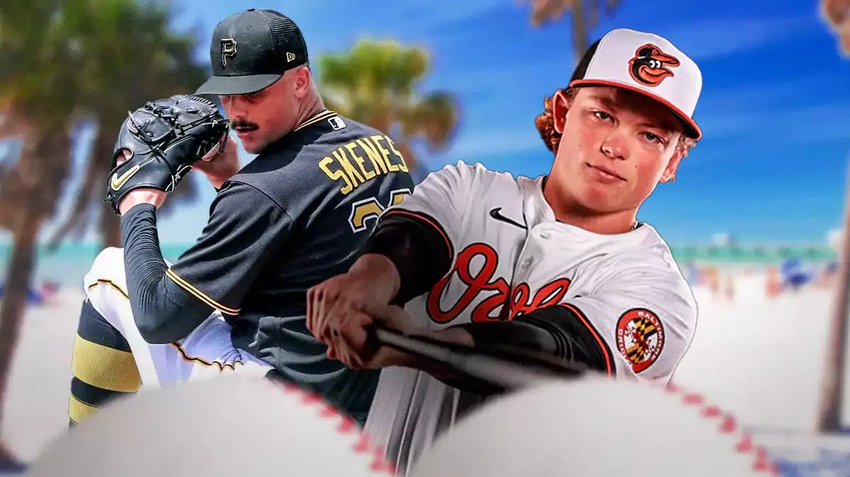 Need the background to be Florida on a beach. Have Pirates' Paul Skenes pitching a baseball to Orioles' Jackson Holliday, and have Holliday about to swing a baseball bat.
