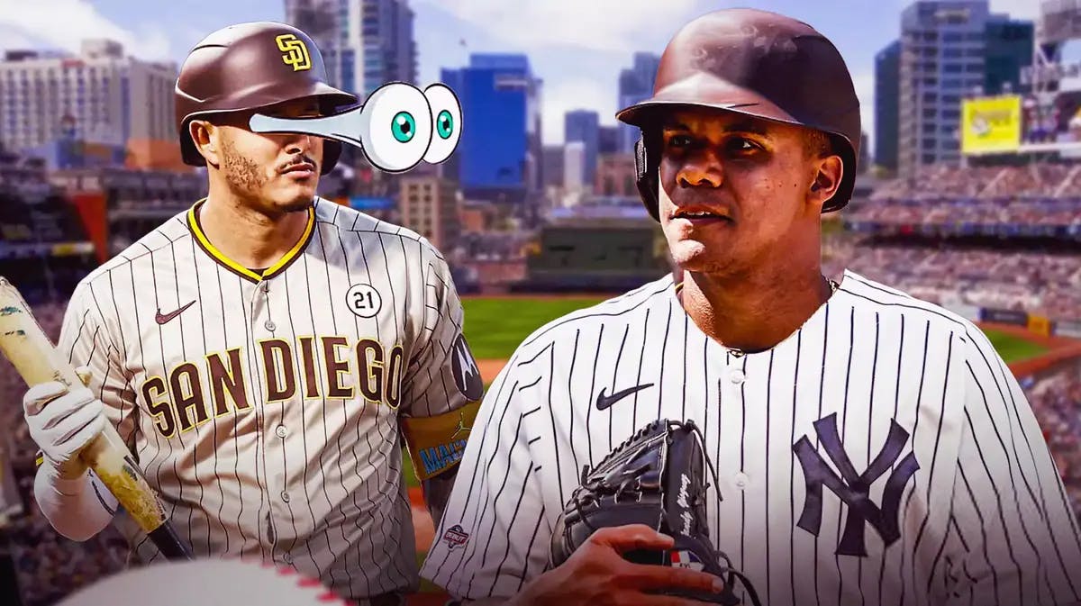 Padres' Manny Machado with eyes popping out looking at Juan Soto in a Yankees uniform.