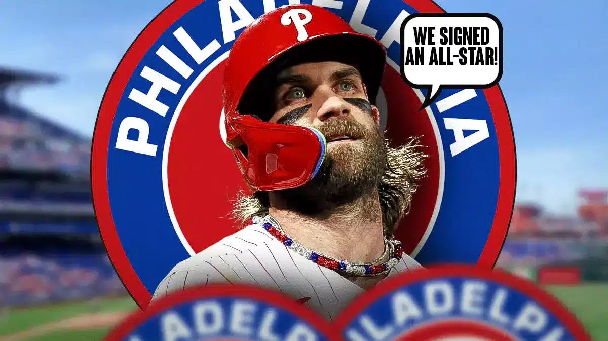 Phillies' Bryce Harper saying the following: We signed an All-Star! Phillies' logo in background.