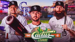 Kris Bryant, Charlie Blackmon, and Ezequiel Tovar all together with Rockies logo in the background and Cactus League logo in front.
