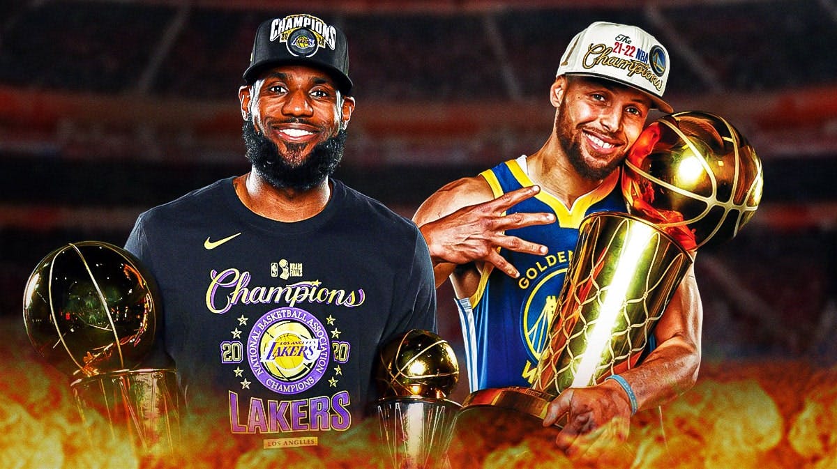 LeBron James and Stephen Curry holding NBA championship trophies.
