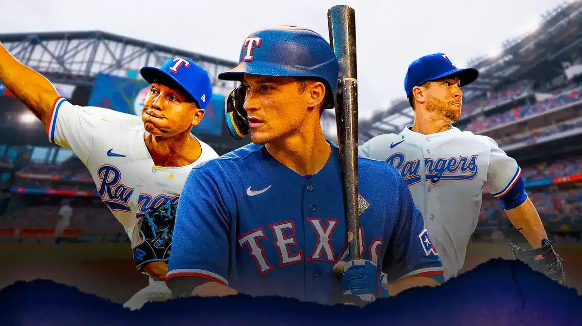 Rangers' Corey Seager swinging a baseball bat in front of image. Rangers' Jacob deGrom, Rangers' Jose Leclerc pitching baseballs in background.