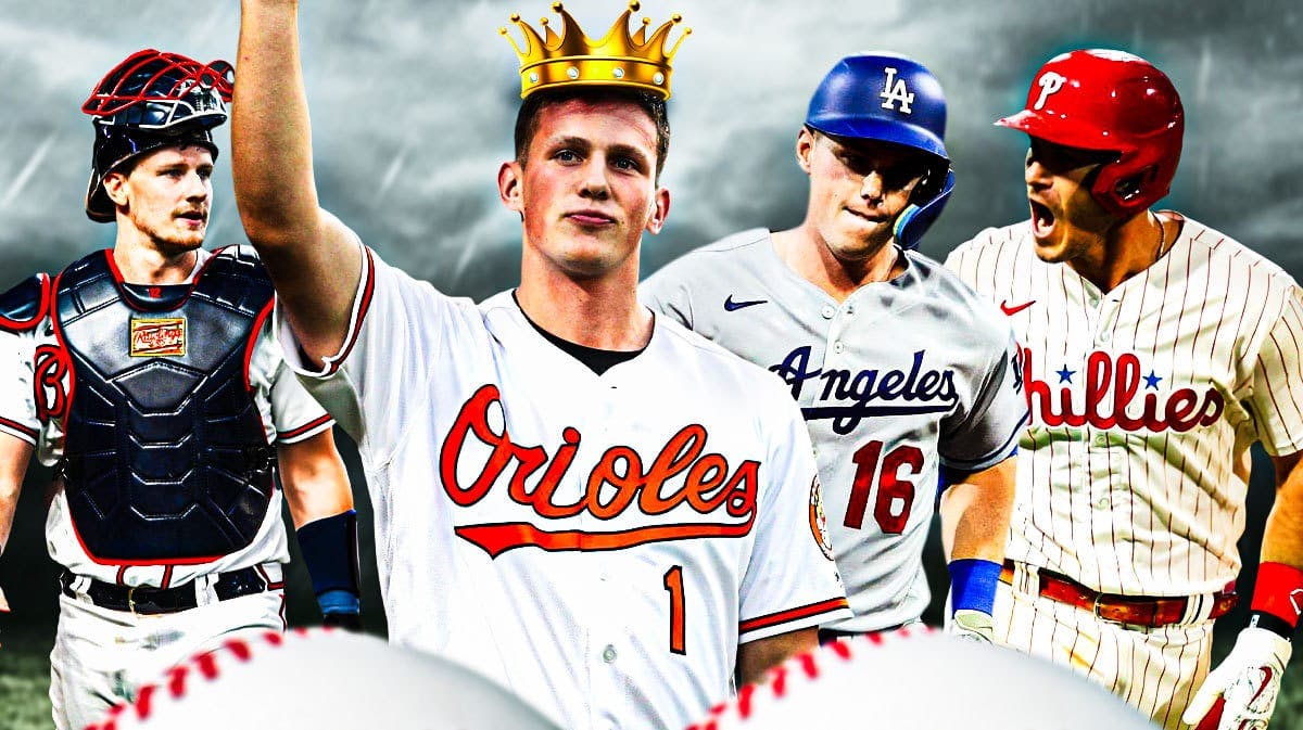 Photo: Will Smith in Dodgers jersey, JT Realmuto in Phillies jersey, Sean Murphy in Braves jersey, have Adley Rutschman in front in Orioles jersey with a crown on his head