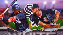White Sox’s Eloy Jimenez swinging a bat, White Sox’s Michael Kopech pitching a baseball with the White Sox’s logo in background.