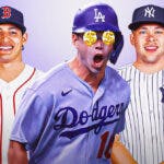 Dodgers' Will Smith with dollar signs in his eyes in middle. Dodgers' Dalton Rushing in a Yankees uniform on left. Dodgers' Diego Cartaya in a Red Sox uniform on right.