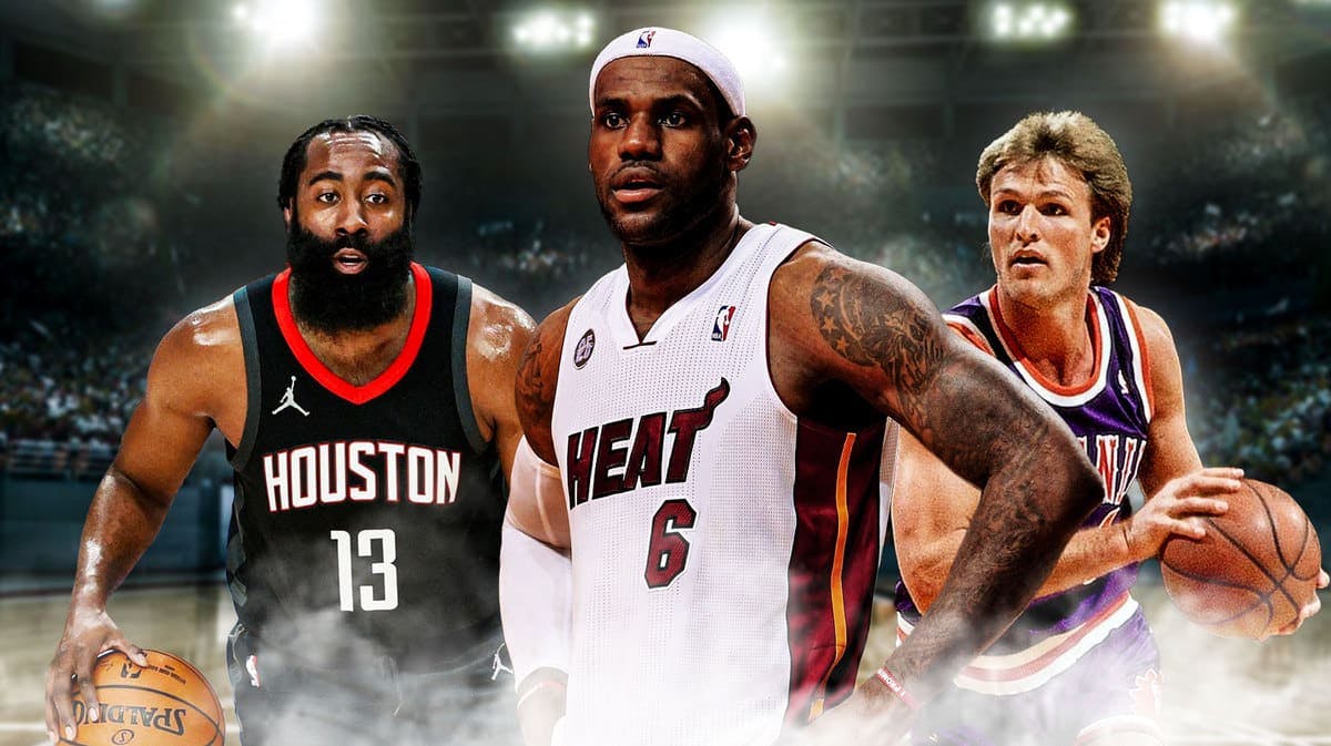 James Harden in Rockets jersey, LeBron James in Heat jersey, Tom Chambers in Suns jersey.