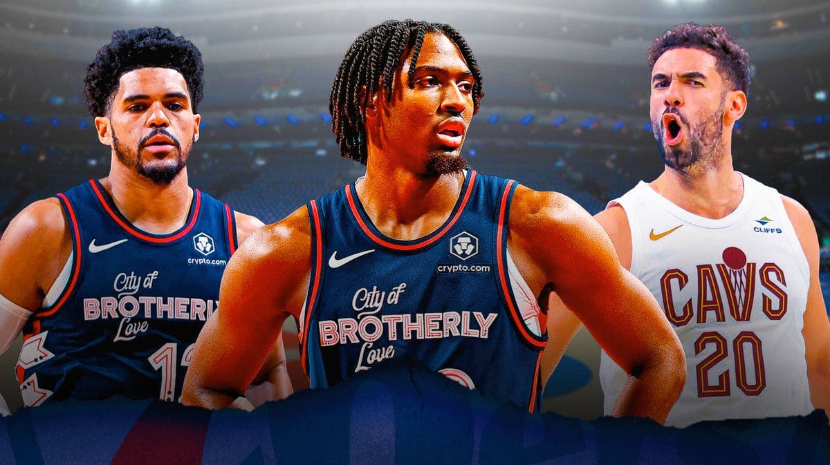 76ers' Tobias Harris and Tyrese Maxey and Georges Niang