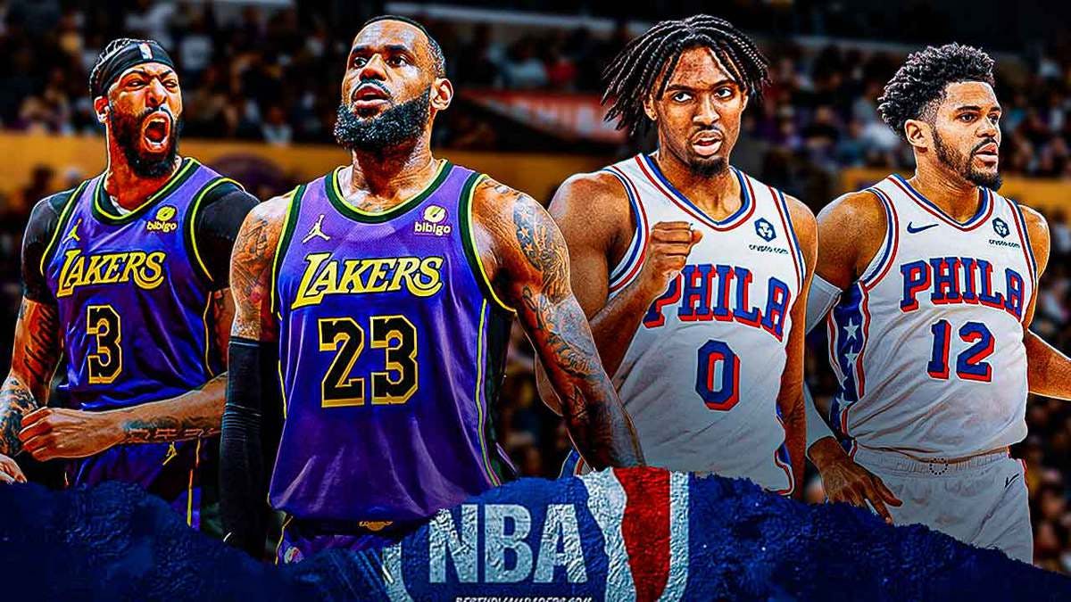 Lakers' Anthony Davis and LeBron James and 76ers' Tyrese Maxey and Tobias Harris