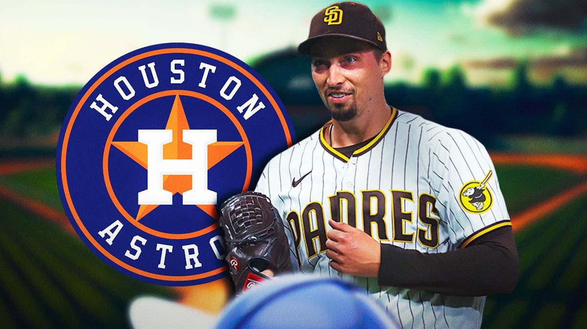 Blake Snell in front of Houston Astros logo
