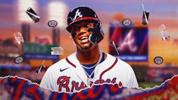 Braves' Ronald Acuna Jr. smiling, with plenty of NL MVP, World Series, and Silver Slugger trophies falling from the sky around him