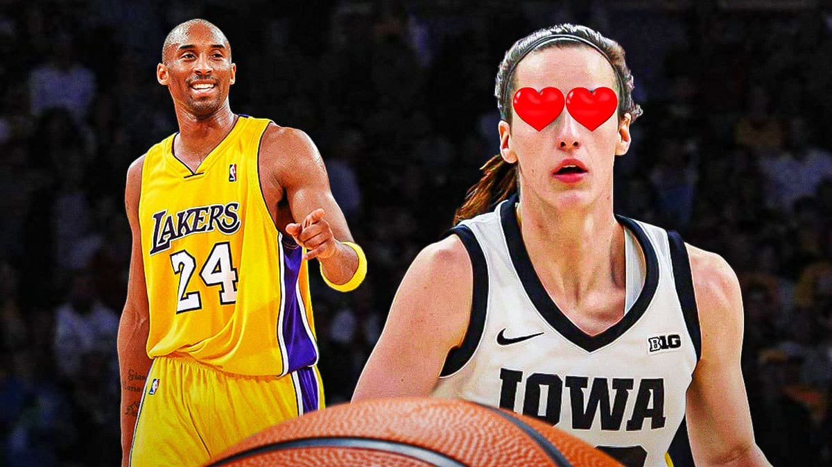 Caitlin Clark with heart eyes looking at Kobe Bryant in a Lakers uniform
