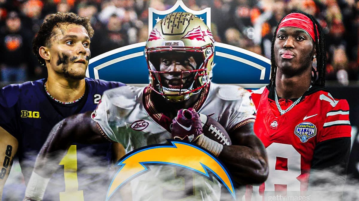 Marvin Harrison Jr. (Ohio State), Roman Wilson (Michigan), Trey Benson (Florida State) with a Chargers logo in front and a 2024 NFL Draft logo background.