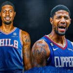 A double image of Paul George: one of him in his Clippers jersey and the other of him in a 76ers jersey, contract extension