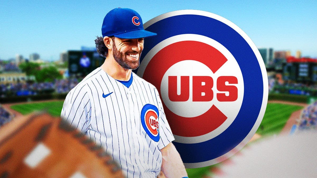 Cubs' Dansby Swanson on left smiling. Chicago Cubs' logo on right. Wrigley Field background.