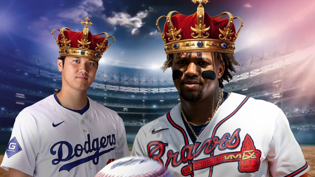 Shohei Ohtani (Dodgers) and Ronald Acuna (Braves) each wearing crowns