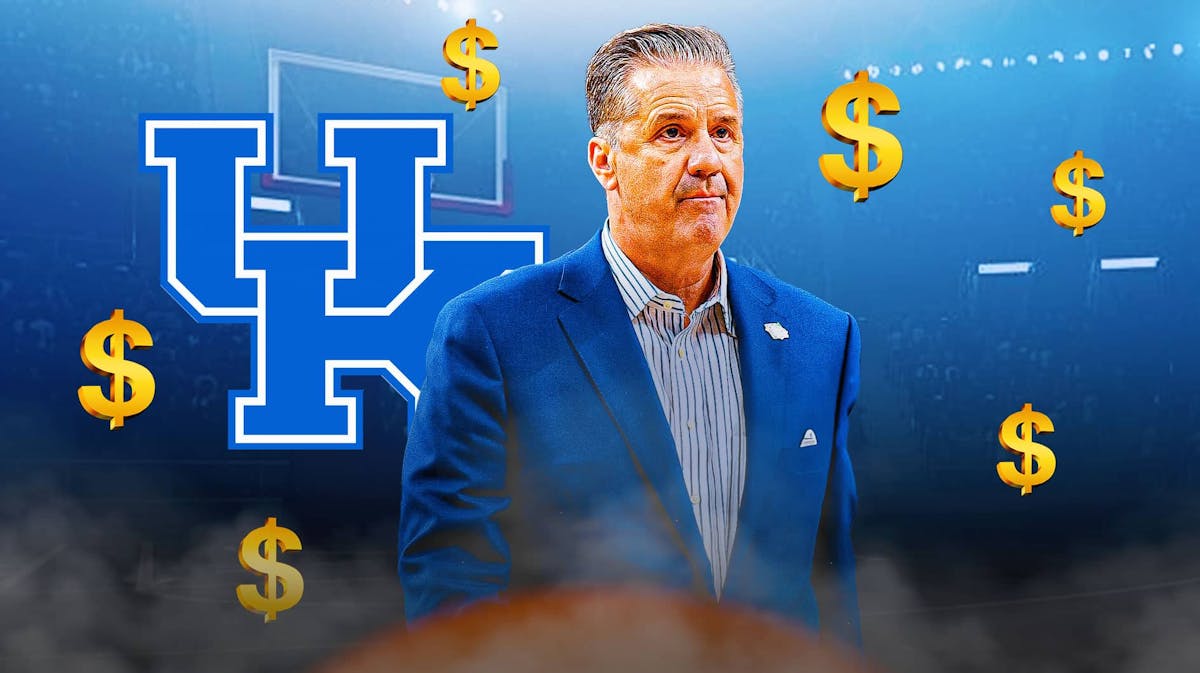 John Calipari with the Kentucky logo in the background and dollar signs floating around him, March Madness