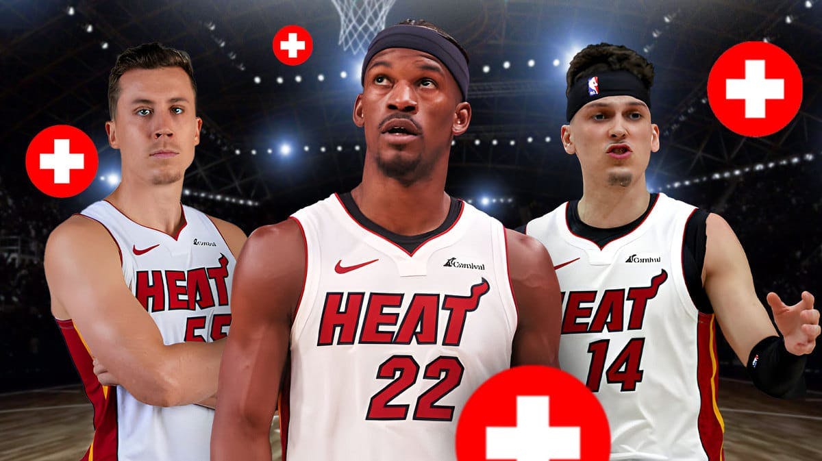 Miami Heat stars Jimmy Butler, Duncan Robinson, and Tyler Herro around injury signs.