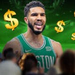 Jayson Tatum with a bunch of money signs around him on a basketball court background (with fans)