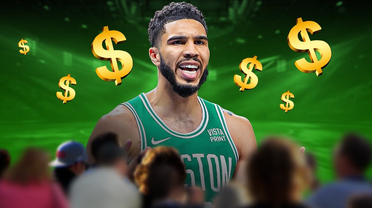 Jayson Tatum with a bunch of money signs around him on a basketball court background (with fans)