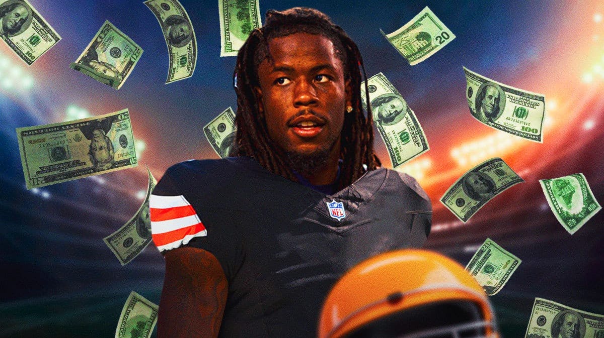 Broncos' Jerry Jeudy stands next to money and Browns players after contract and trade