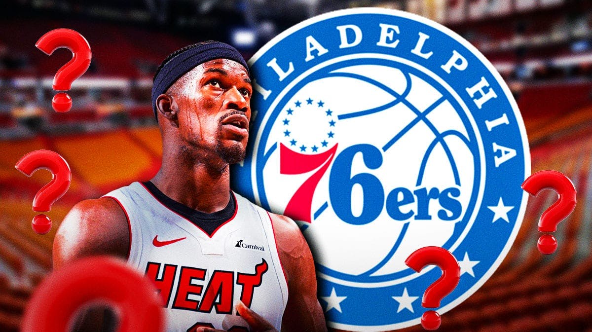 Jimmy Butler (Miami Heat) surrounded by question marks, Sixers logo next to him