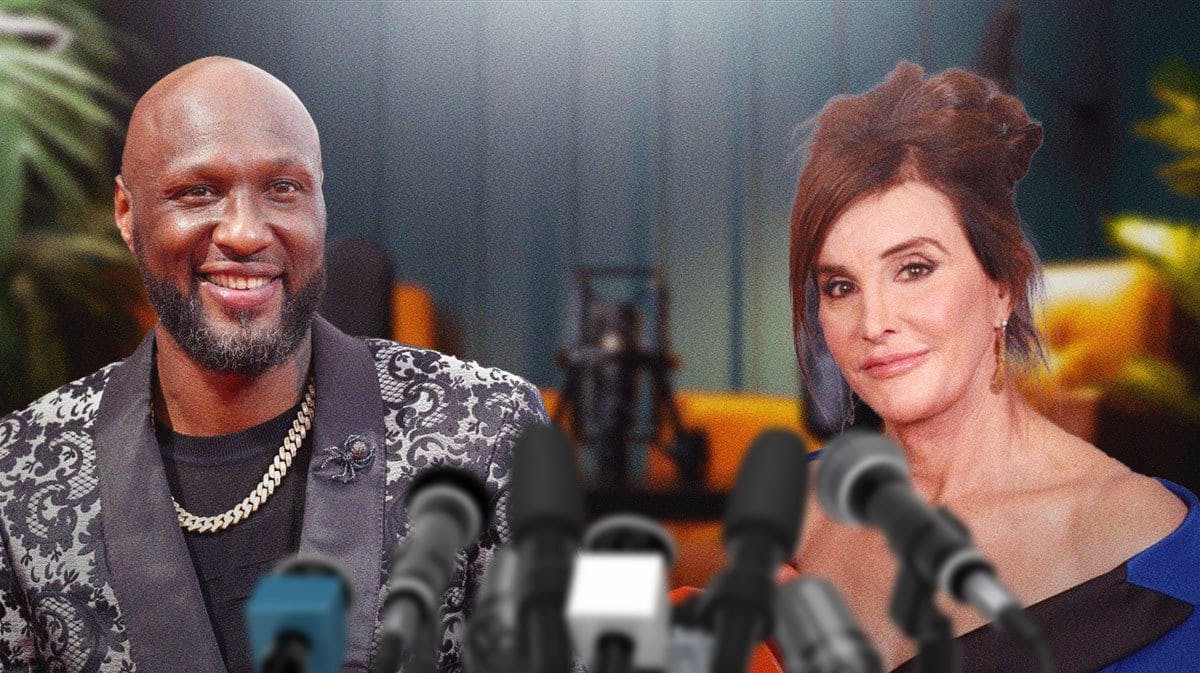 Kardashian exes Lamar Odom and Caitlyn Jenner with podcast studio background.