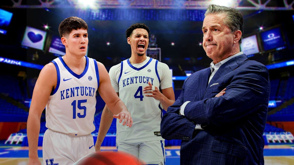 Kentucky’s Reed Sheppard, Tre Mitchell, and John Calipari all looking frustrated