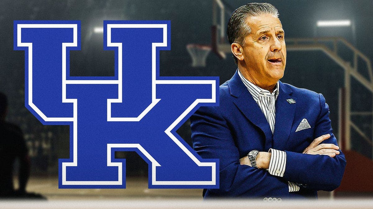 Kentucky basketball coach John Calipari stands next to logo after Oakland March Madness loss, College Basketball Transfer Portals reporters stand by