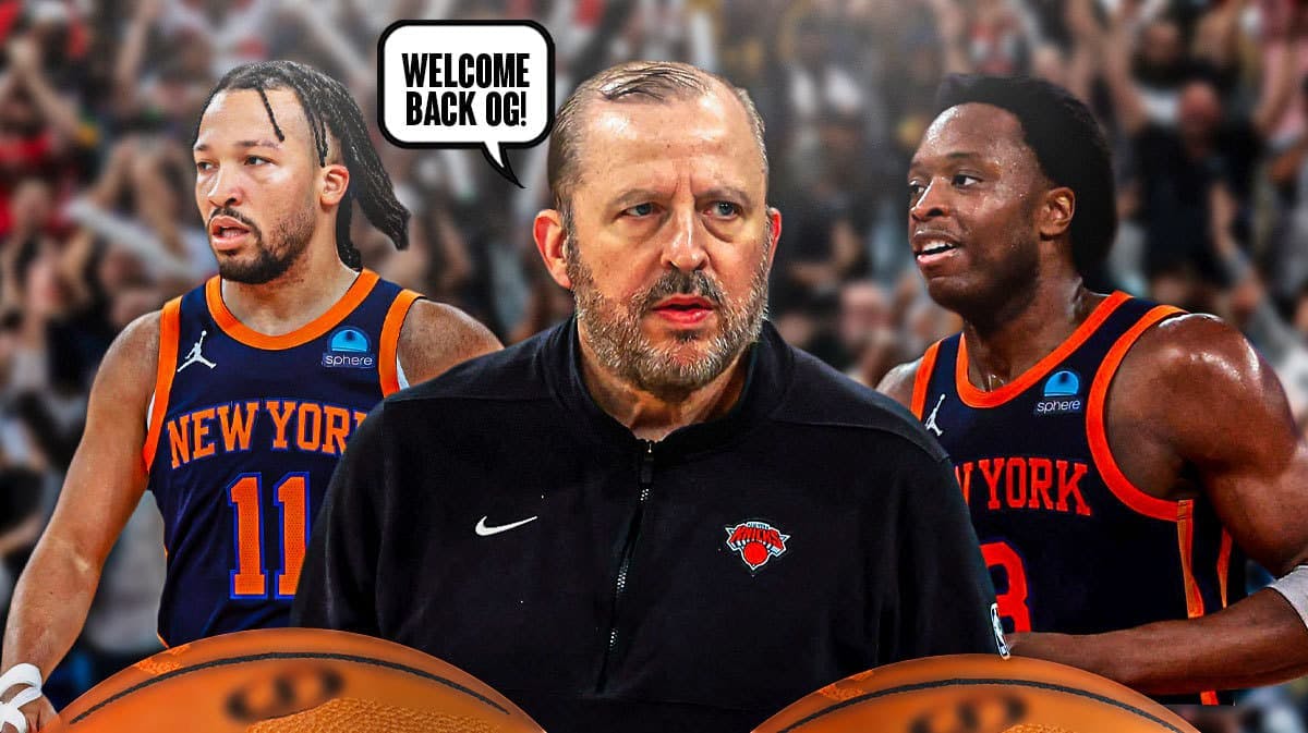 Knicks' Tom Thibodeau and Jalen Brunson saying "Welcome back OG" to OG Anunoby