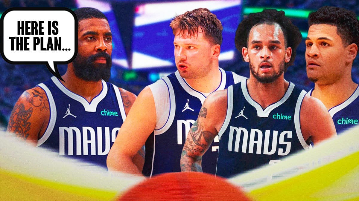 Mavericks' Kyrie Irving standing on left saying the following: Here is the plan… On right, have Mavericks' Luka Doncic, Mavericks' Dereck Lively II, and Mavericks' Josh Green all looking at Kyrie.