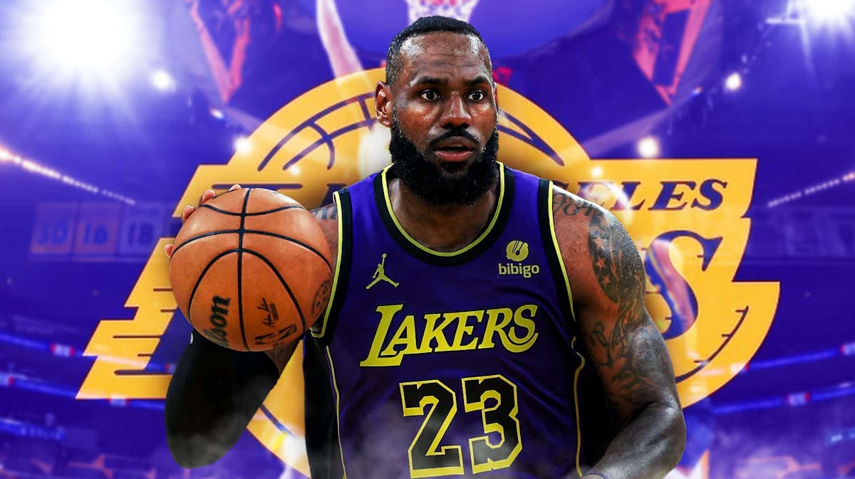 LeBron James with the Lakers arena in the background, injury