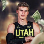 Lauri Markkanen surrounded by piles of cash.