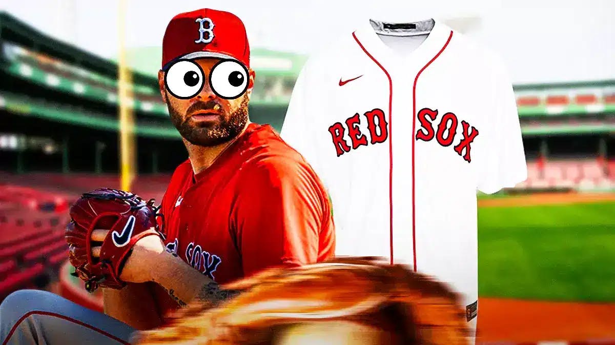Red Sox’s Lucas Giolito eyes popping out looking at the Boston Red Sox new 2024 Nike uniforms.