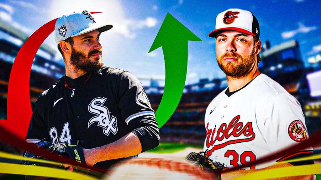 White Sox’s Dylan Cease with the stock up and stock down logo beside him, with Corbin Burnes in an Orioles uni beside Cease
