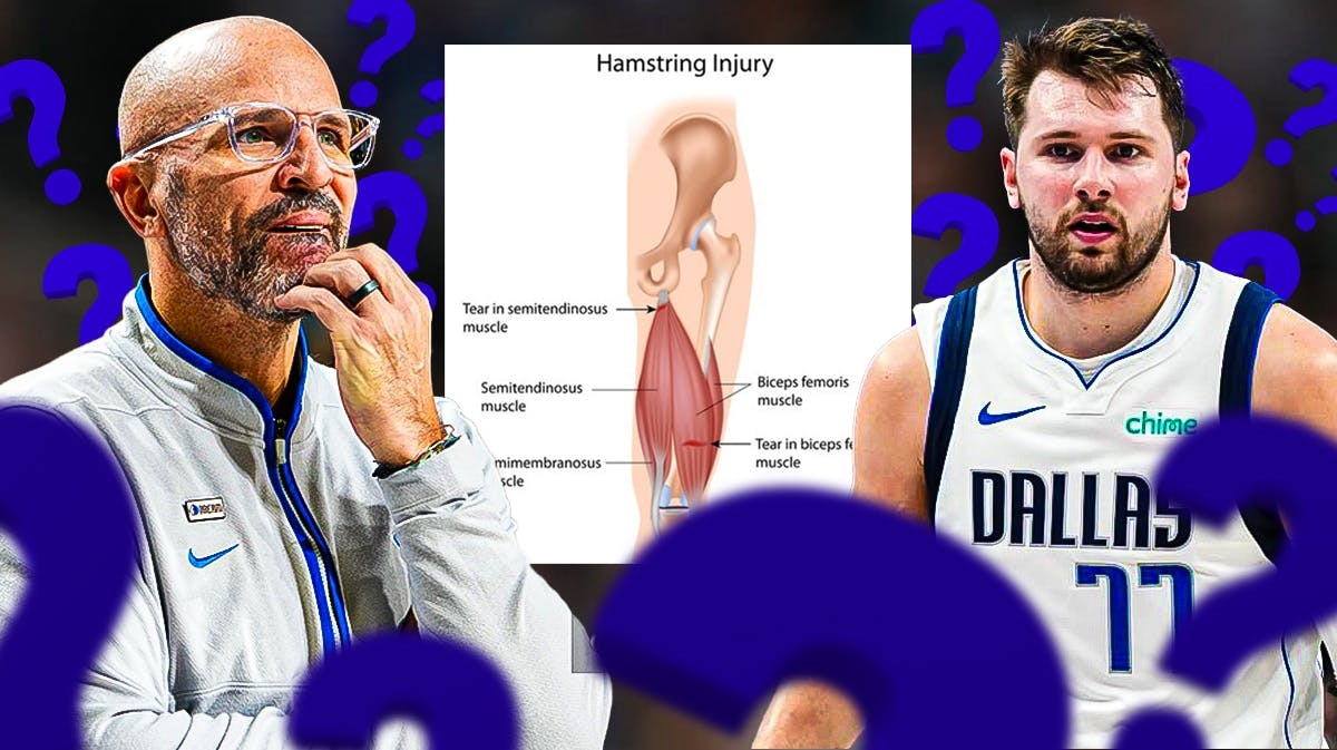 Mavericks' Luka Doncic and Jason Kidd looking serious, with diagram of hamstring injury beside Doncic and question marks all over