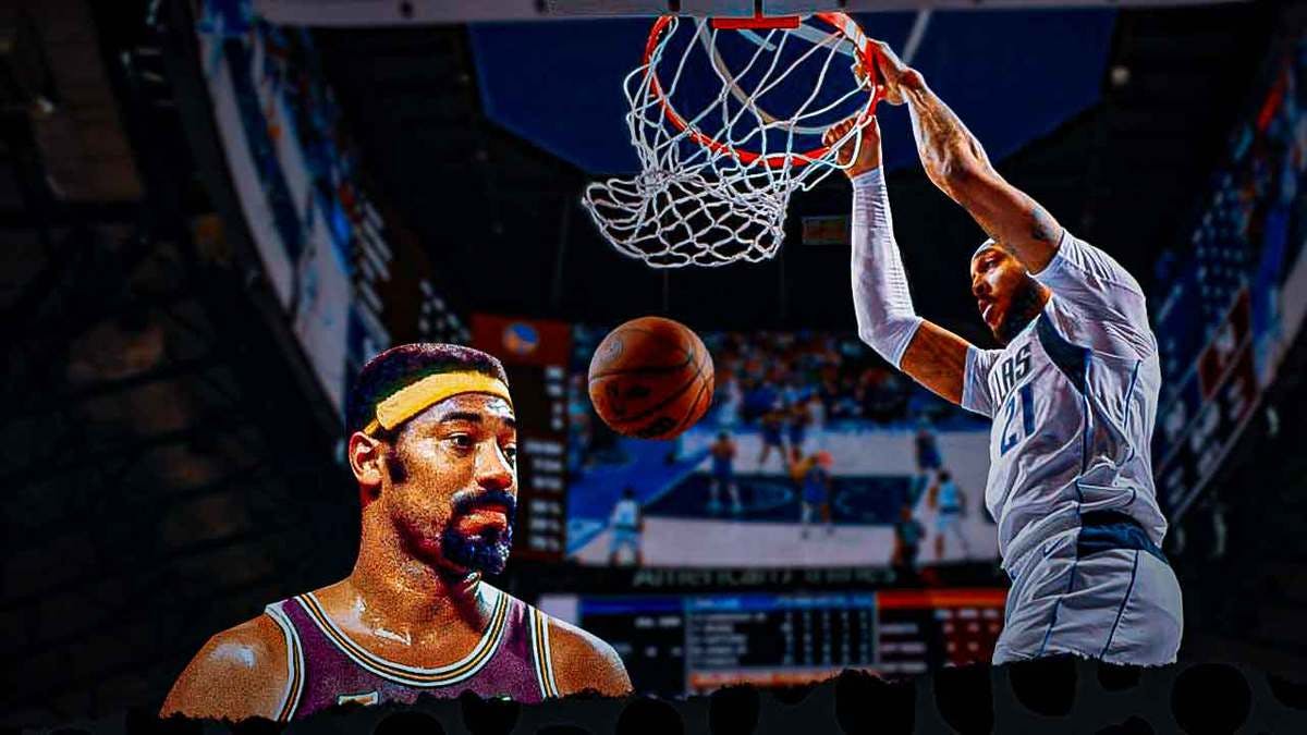 Mavericks' Daniel Gafford dunking a basketball on left. Wilt Chamberlain in a Lakers uniform on right.