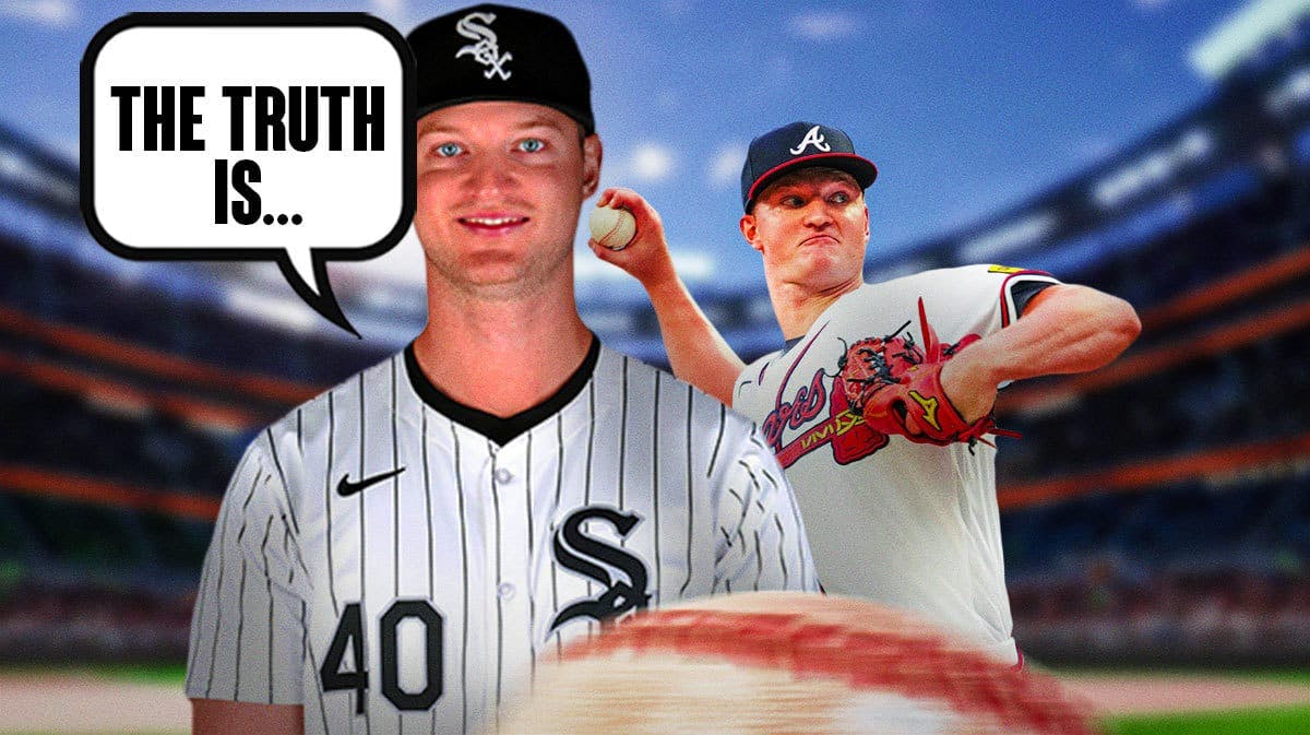 In front, Mike Soroka in a White Sox uniform saying the following: The truth is… In background, Braves' Mike Soroka pitching a baseball.