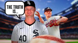 In front, Mike Soroka in a White Sox uniform saying the following: The truth is… In background, Braves' Mike Soroka pitching a baseball.