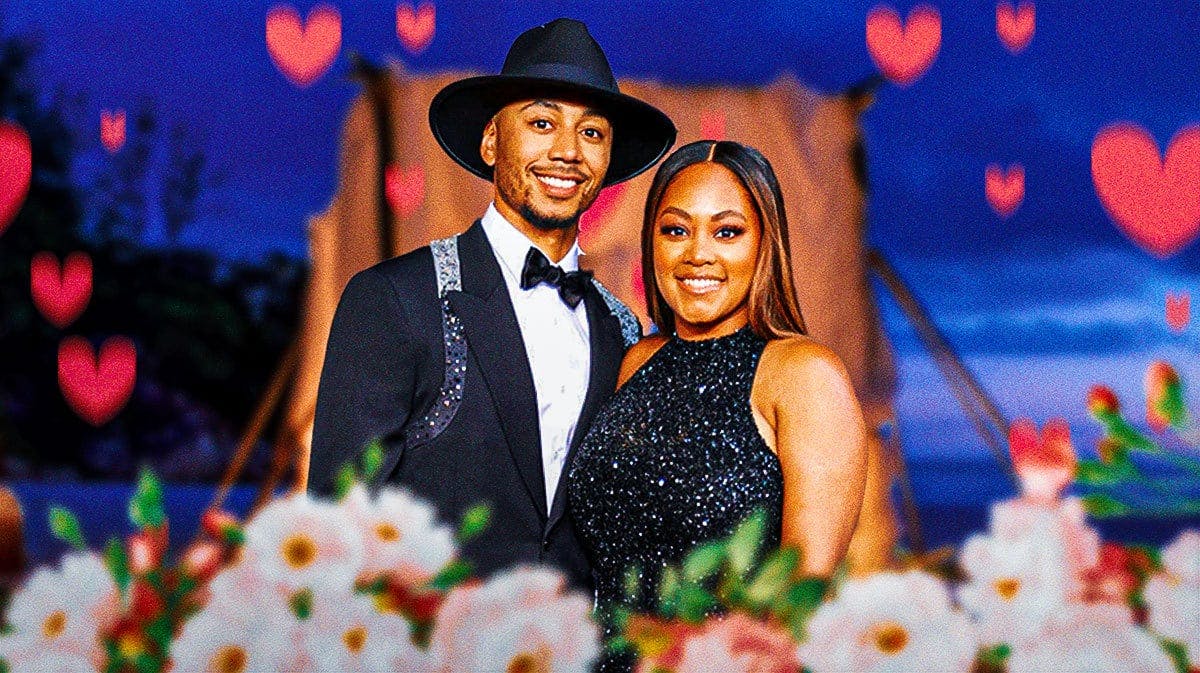 Mookie Betts and Brianna Hammonds surrounded by hearts.